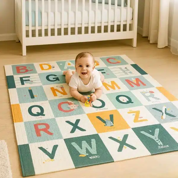 Постелка за бебе 150x180 см – двулицева, водоустойчива, с шарен дизайн от XPE пяна Makki от Kilimche.bg