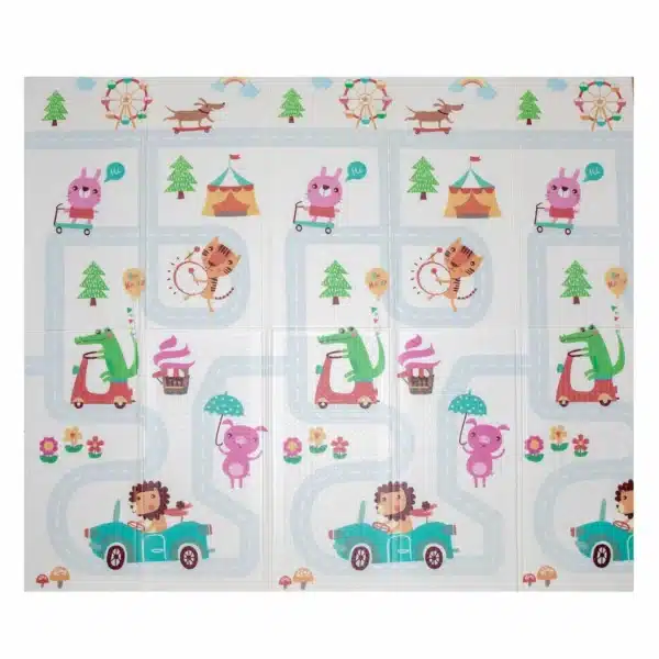 Килимче за игра Circus Fun 180х200 см от XPE пяна – двулицево и сгъваемо. Цветен цирков свят с животни, превозни средства и атракции.