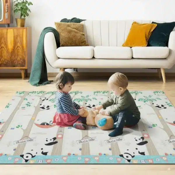 Килимче за игра Panda Park 180х200 см от XPE пяна – двулицево, сгъваемо и безопасно. Две деца играят върху меко килимче с панди, подходящо за бебета и малки деца.