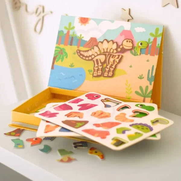 Близък план на магнитна дъска-пъзел, показваща сглобена фигура на динозавър.