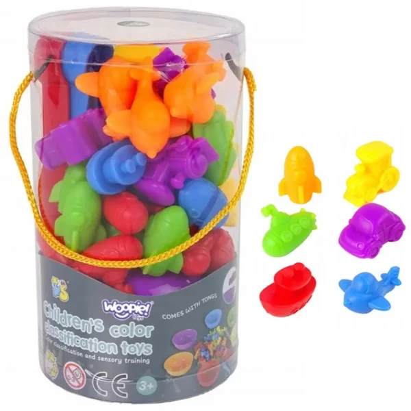 Комплект от цветни купички и пинсети от Монтесори играта Woopie! за сортиране.