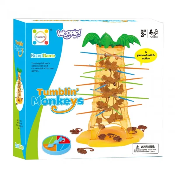 Комплектът на играта "Падащи маймунки" от WOOPIE с пръчици, маймунки и кутия.