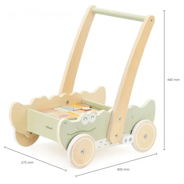 размери на играчката за бутане Viga крокодил
