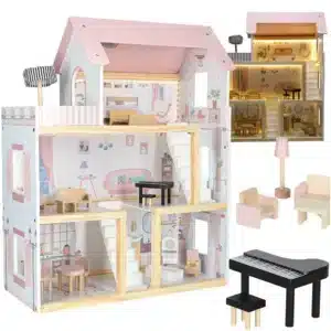 Дървена къща за кукли 78 см с мебели и LED осветление