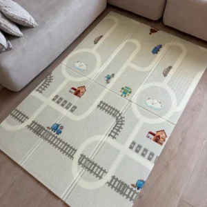 Двулицево килимче за игра с влакче, път и къщички – меко XPE килимче за бебета