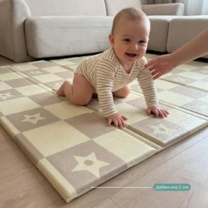 Бежово бебешко килимче за лазене със звезди, XPE пяна Makki, 2 см дебелина. Щастливо бебе.